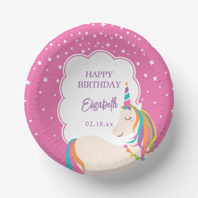Cute Magical Unicorn Hot Pink Girl Birthday Party Paper Bowls (Front)