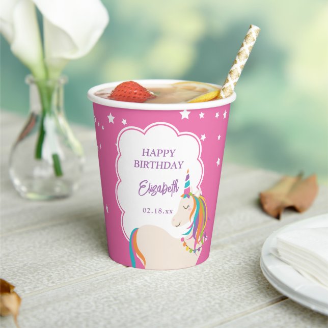 Cute Magical Unicorn Hot Pink Girl Birthday Party Paper Cups (Insitu)