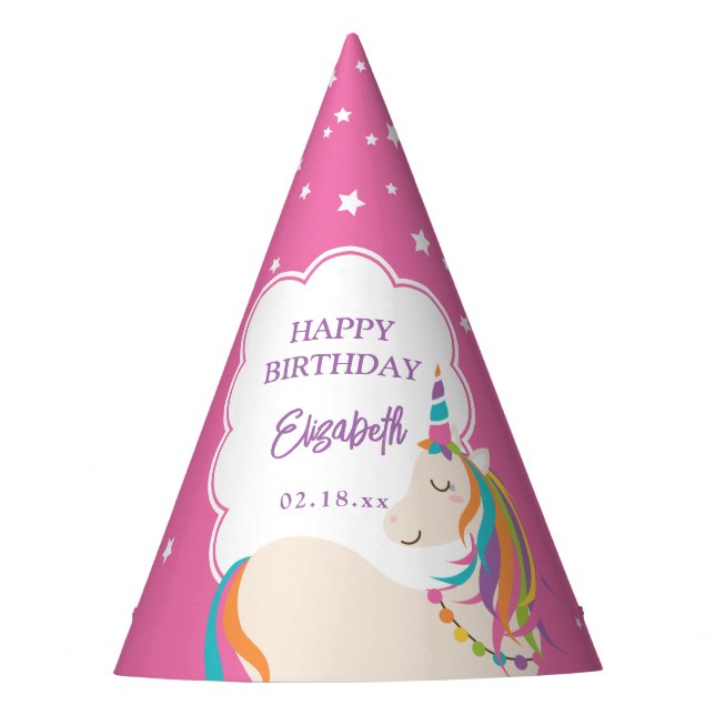 Cute Magical Unicorn Hot Pink Girl Birthday Party Party Hat (Front)