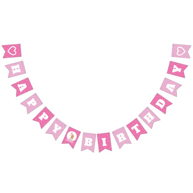 Cute Magical Unicorn Hot Pink Girl Happy Birthday Bunting Flags (All)