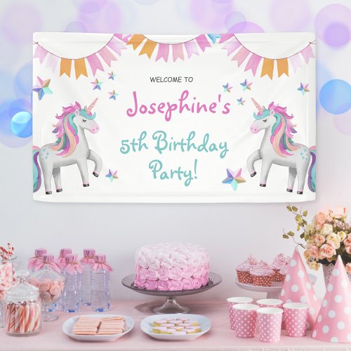 Cute Magical Unicorn Kids Birthday Party Welcome Banner