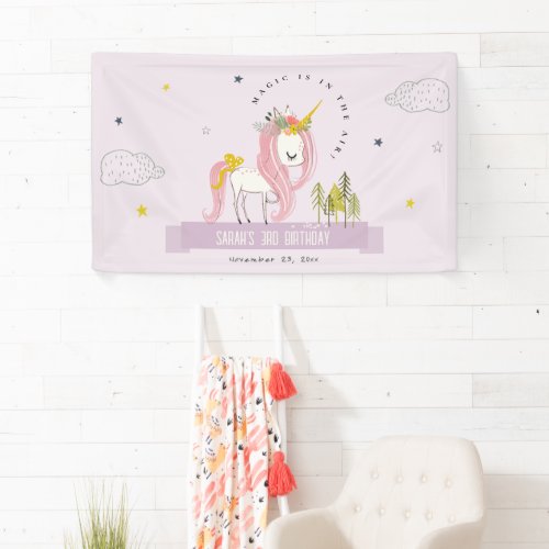 Cute Magical Unicorn Lilac Purple Kids Birthday Banner