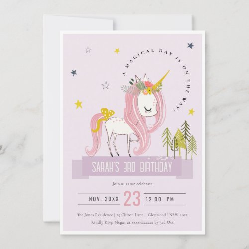 Cute Magical Unicorn Lilac Purple Kids Birthday Invitation