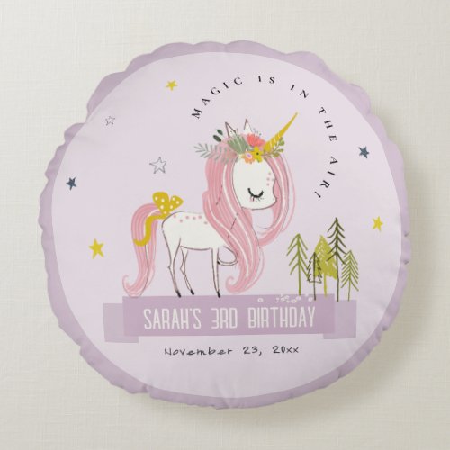 Cute Magical Unicorn Lilac Purple Kids Birthday Round Pillow