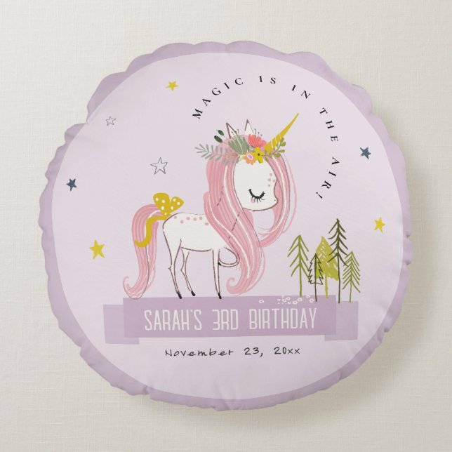 Cute Magical Unicorn Lilac Purple Kids Birthday Round Pillow (Front)