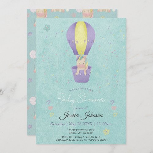 Cute Magical Unicorn on ballon Baby Shower Invitation