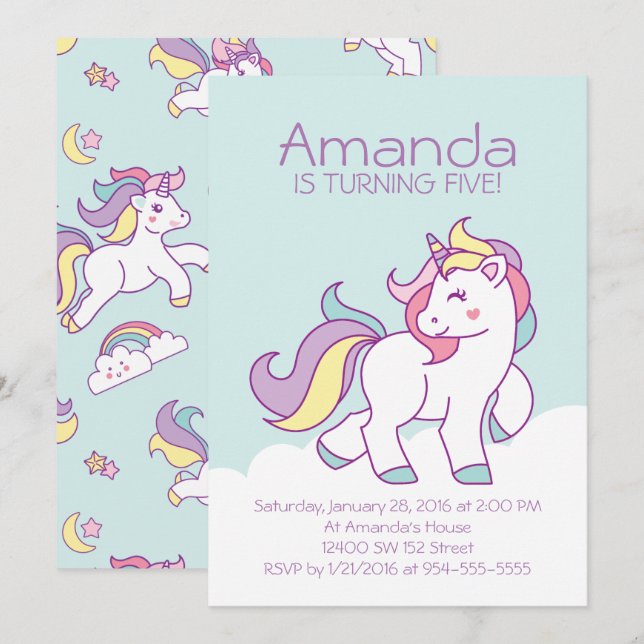 Cute Magical Unicorn Pastel GIRLY Animals Birthday Invitation (Front/Back)