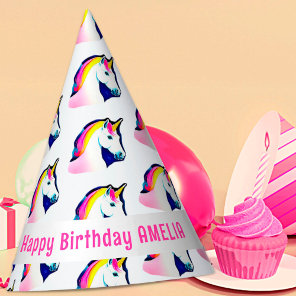 Cute Magical Unicorn Pattern Girl Name Birthday Party Hat