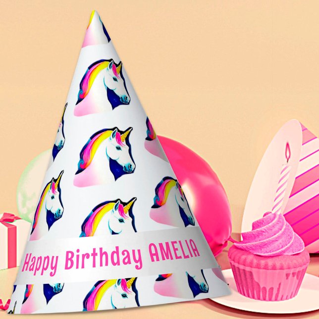 Cute Magical Unicorn Pattern Girl Name Birthday Party Hat (Creator Uploaded)