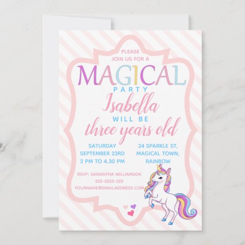 Cute Magical Unicorn Pink Birthday Invitation