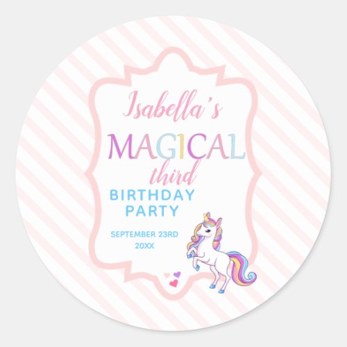 Cute Magical Unicorn Pink Birthday Party  Classic Round Sticker