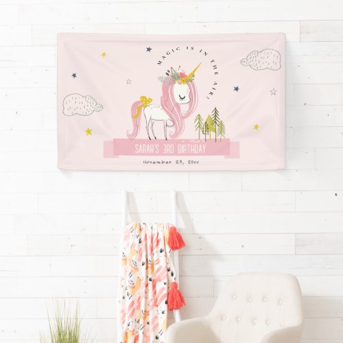 Cute Magical Unicorn Pink Blush Kids Birthday Banner