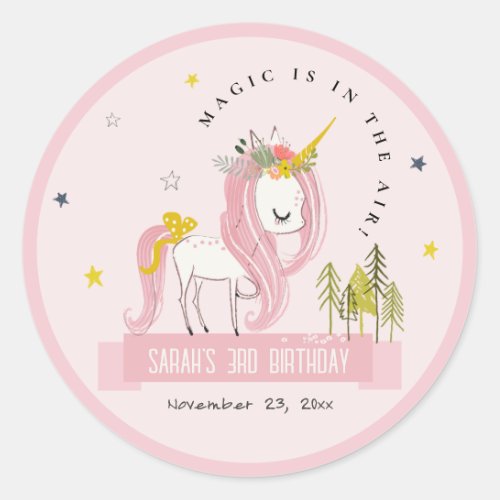 Cute Magical Unicorn Pink Blush Kids Birthday Classic Round Sticker