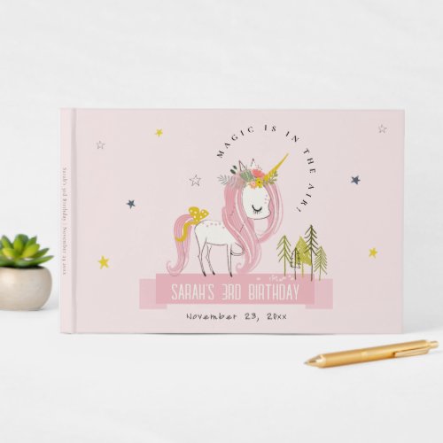 Cute Magical Unicorn Pink Blush Kids Birthday Guest Book