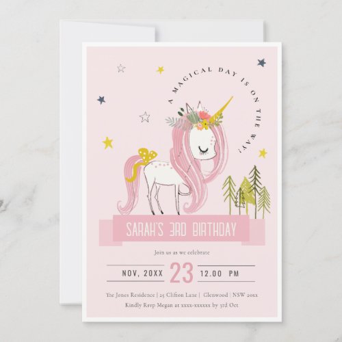 Cute Magical Unicorn Pink Blush Kids Birthday Invitation