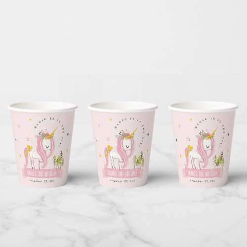 Cute Magical Unicorn Pink Blush Kids Birthday Paper Cups