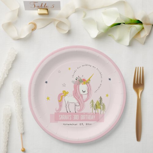Cute Magical Unicorn Pink Blush Kids Birthday Paper Plates