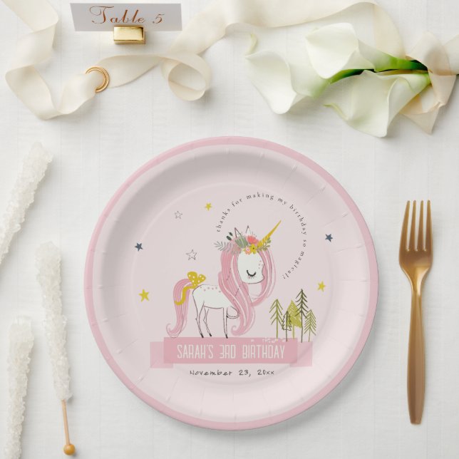 Cute Magical Unicorn Pink Blush Kids Birthday Paper Plates (Wedding)