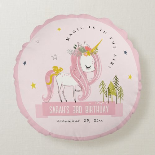 Cute Magical Unicorn Pink Blush Kids Birthday Round Pillow