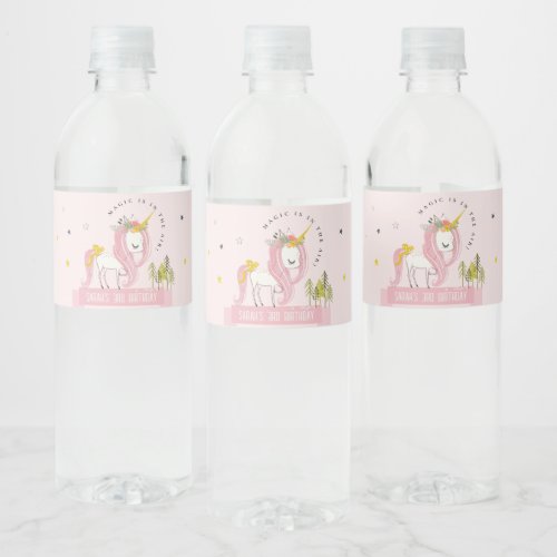 Cute Magical Unicorn Pink Blush Kids Birthday Water Bottle Label
