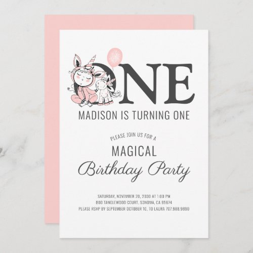 Cute Magical Unicorn Pink Girls First Birthday In Invitation