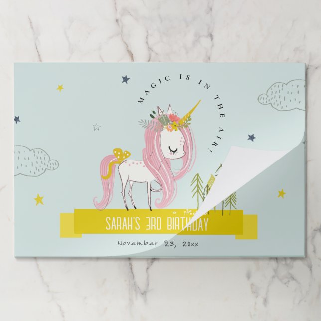Cute Magical Unicorn Pink Kids Birthday Placemat (Folded)