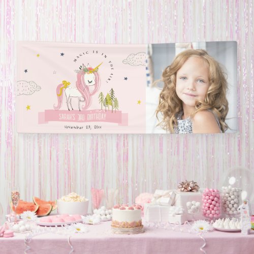 Cute Magical Unicorn Pink Kids Photo Birthday Banner