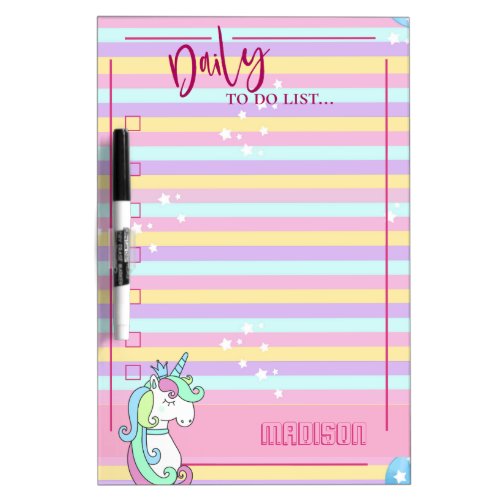 Cute Magical Unicorn Pink Stripes Daily To Do List Dry Erase Board