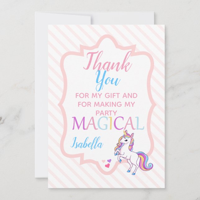 Cute Magical Unicorn Pink  Thank You Card (Front)