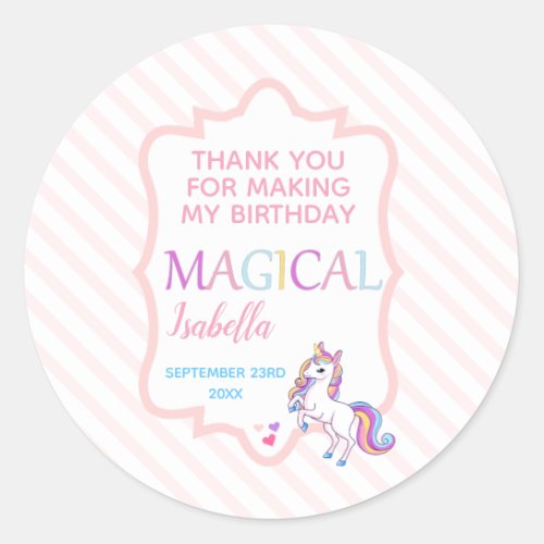 Cute Magical Unicorn Pink Thank You Classic Round Sticker