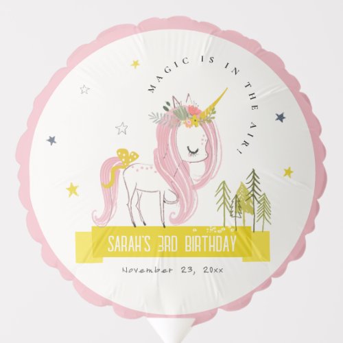 Cute Magical Unicorn Pink Yellow Kids Birthday Balloon