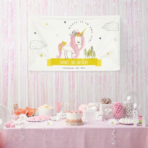 Cute Magical Unicorn Pink Yellow Kids Birthday Banner