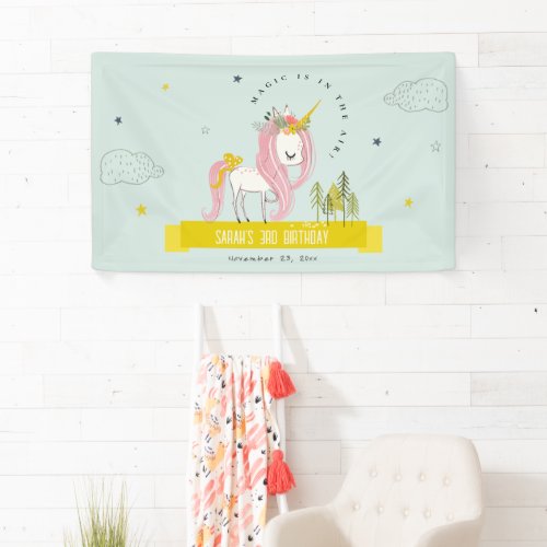 Cute Magical Unicorn Pink Yellow Kids Birthday Banner