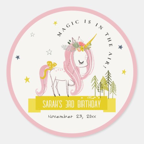 Cute Magical Unicorn Pink Yellow Kids Birthday Classic Round Sticker