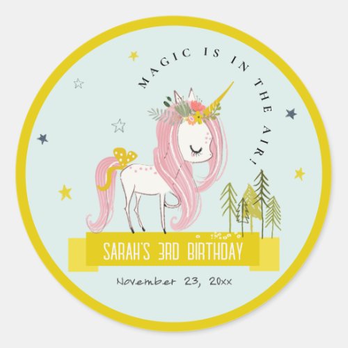 Cute Magical Unicorn Pink Yellow Kids Birthday Classic Round Sticker