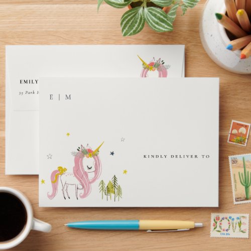 Cute Magical Unicorn Pink Yellow Kids Birthday Envelope