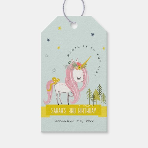 Cute Magical Unicorn Pink Yellow Kids Birthday Gift Tags