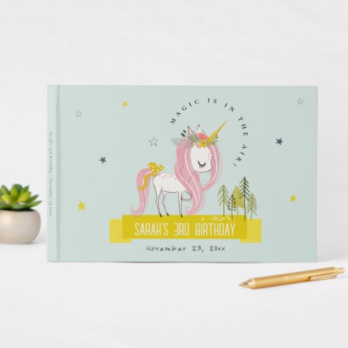 Cute Magical Unicorn Pink Yellow Kids Birthday Guest Book