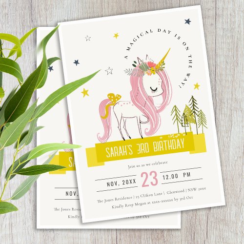 Cute Magical Unicorn Pink Yellow Kids Birthday Invitation