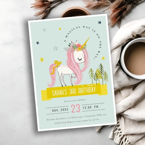Cute Magical Unicorn Pink Yellow Kids Birthday Invitation