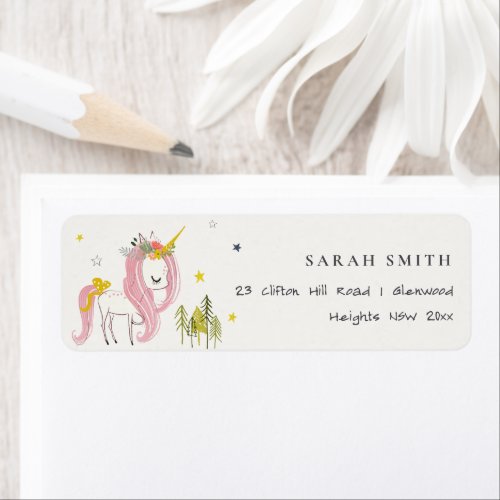 Cute Magical Unicorn Pink Yellow Kids Birthday Label