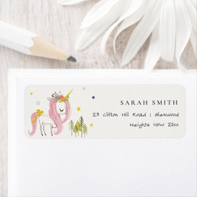 Cute Magical Unicorn Pink Yellow Kids Birthday Label (Insitu)