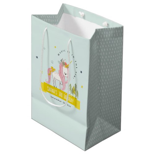 Cute Magical Unicorn Pink Yellow Kids Birthday Medium Gift Bag