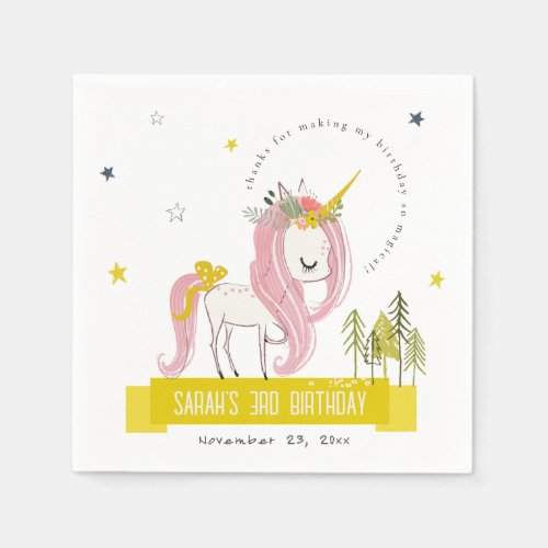 Cute Magical Unicorn Pink Yellow Kids Birthday Napkins