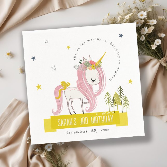 Cute Magical Unicorn Pink Yellow Kids Birthday Napkins (Creator Uploaded)