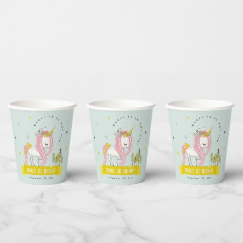 Cute Magical Unicorn Pink Yellow Kids Birthday Paper Cups