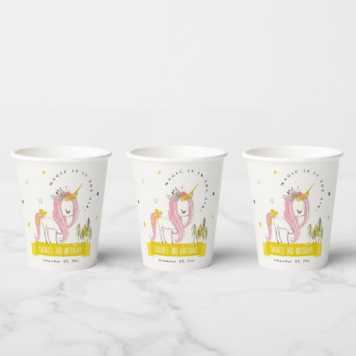Cute Magical Unicorn Pink Yellow Kids Birthday Paper Cups