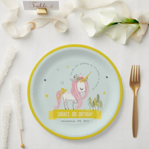 Cute Magical Unicorn Pink Yellow Kids Birthday Paper Plates