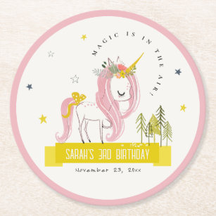 Cute Magical Unicorn Pink Yellow Kids Birthday Round Paper Coaster