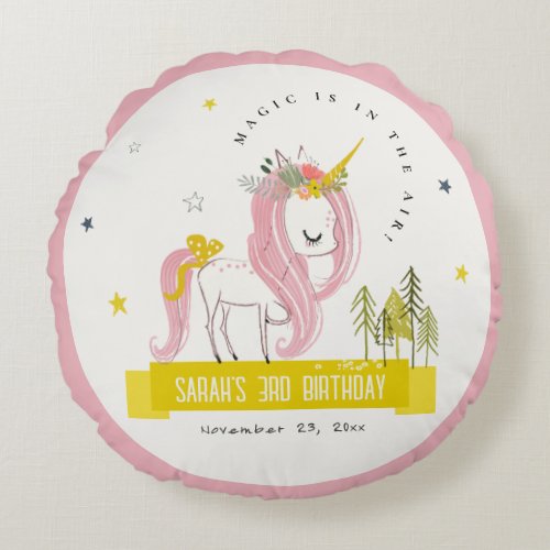 Cute Magical Unicorn Pink Yellow Kids Birthday Round Pillow
